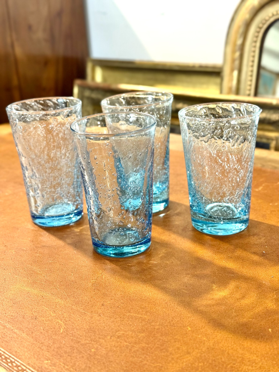Ensemble de quatre verres à bulles bleus soufflés à la main, XXe siècle-photo-3