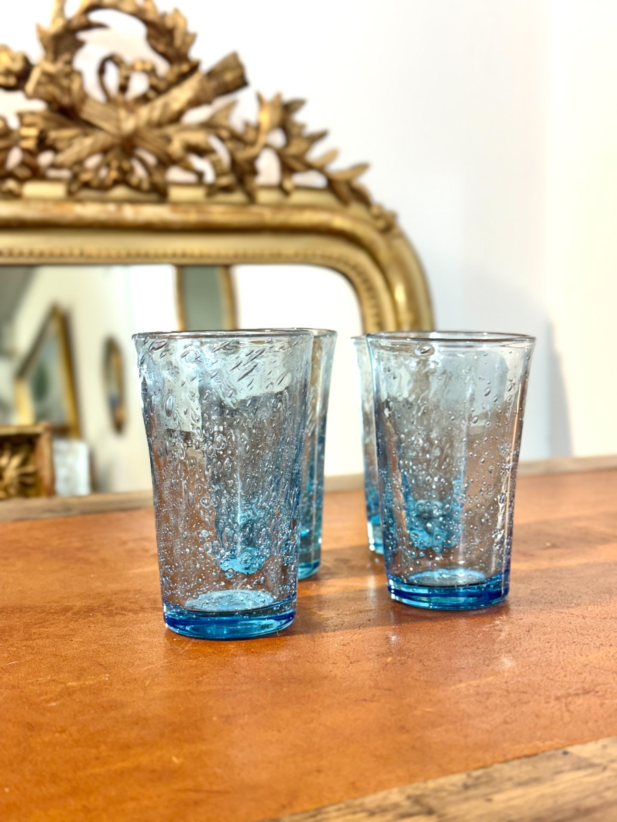 Ensemble de quatre verres à bulles bleus soufflés à la main, XXe siècle-photo-6