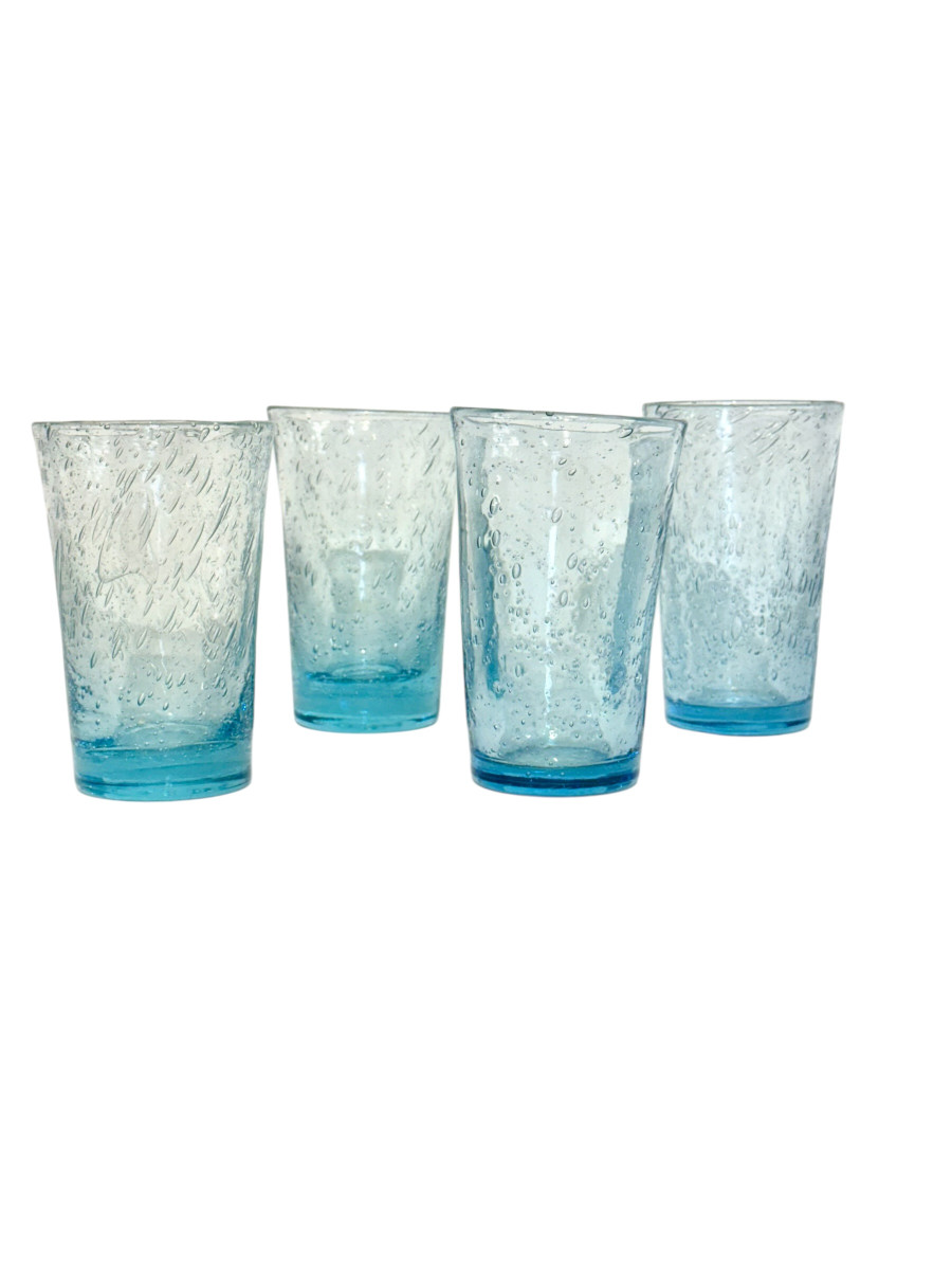 Ensemble de quatre verres à bulles bleus soufflés à la main, XXe siècle