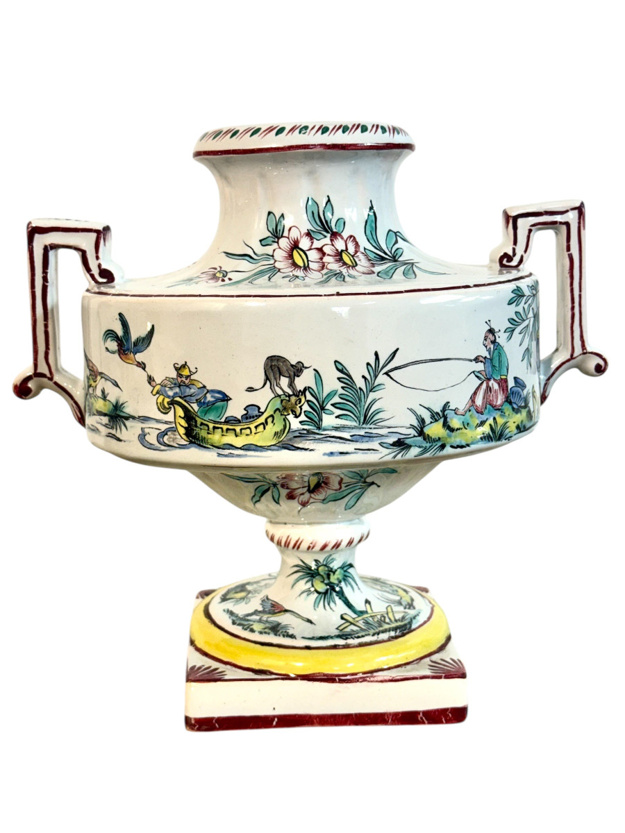 Paire d'urnes en faïence peintes à la main, de style chinoiserie, France XIXe siècle-photo-5