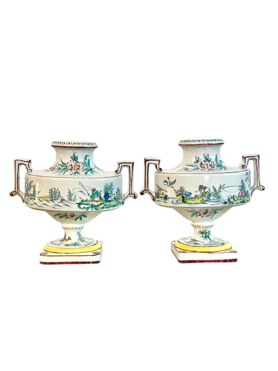 Paire d'urnes en faïence peintes à la main, de style chinoiserie, France XIXe siècle-photo-3