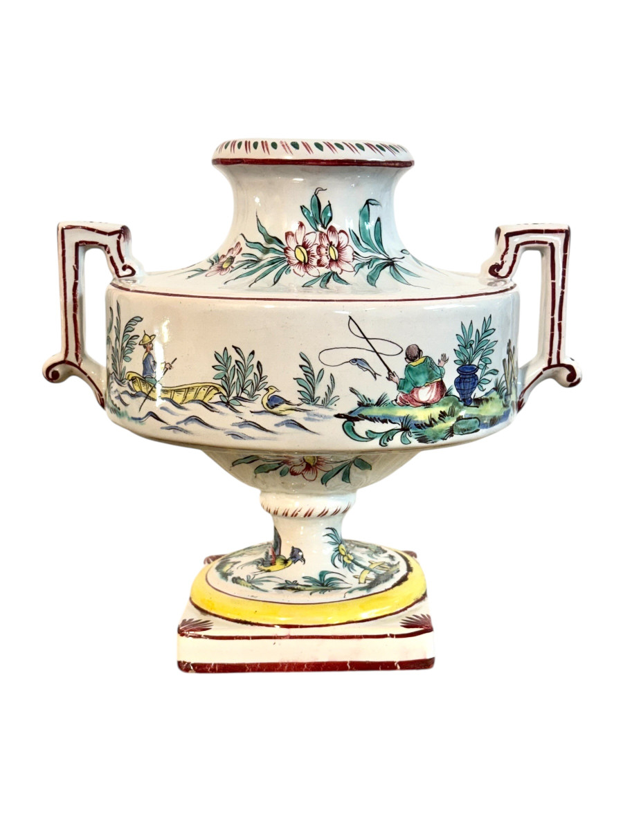 Paire d'urnes en faïence peintes à la main, de style chinoiserie, France XIXe siècle-photo-2