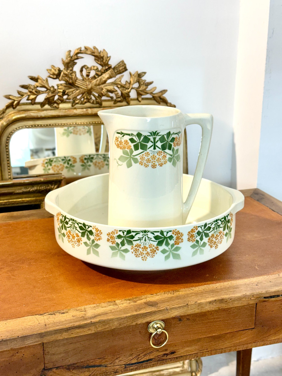 Pichet et bassin en faïence de Lunéville « Phlox » K&G, France -photo-2