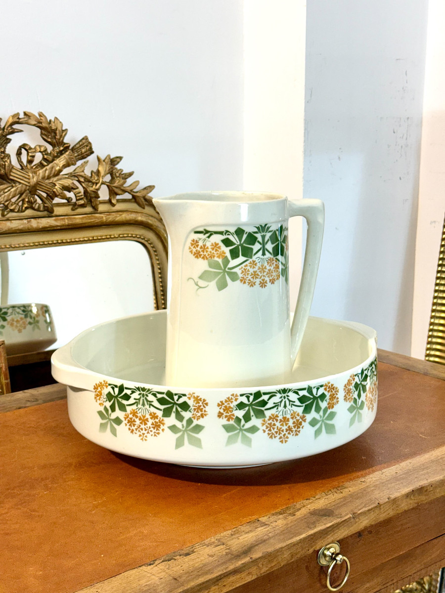 Pichet et bassin en faïence de Lunéville « Phlox » K&G, France -photo-8