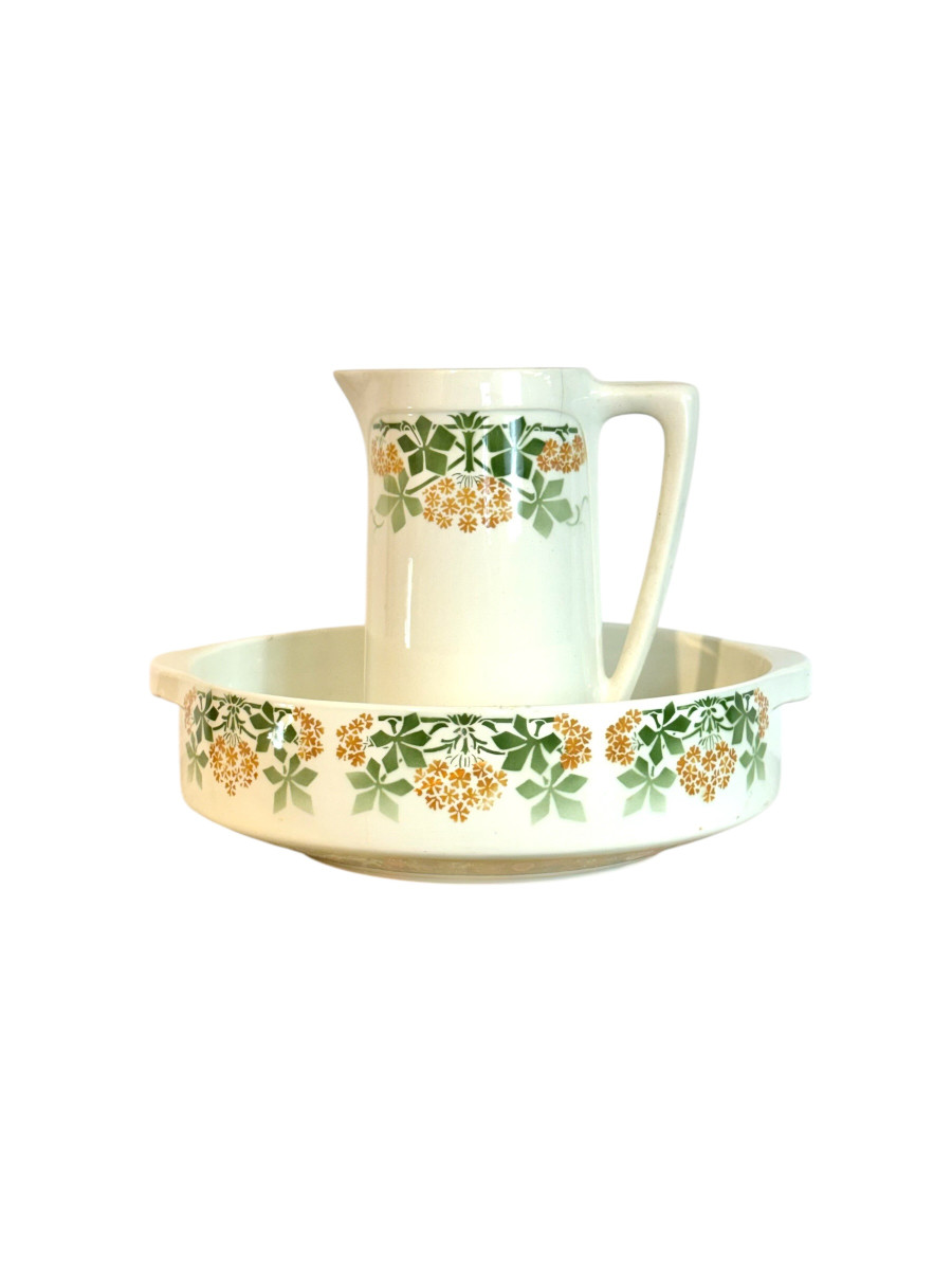 Pichet et bassin en faïence de Lunéville « Phlox » K&G, France 