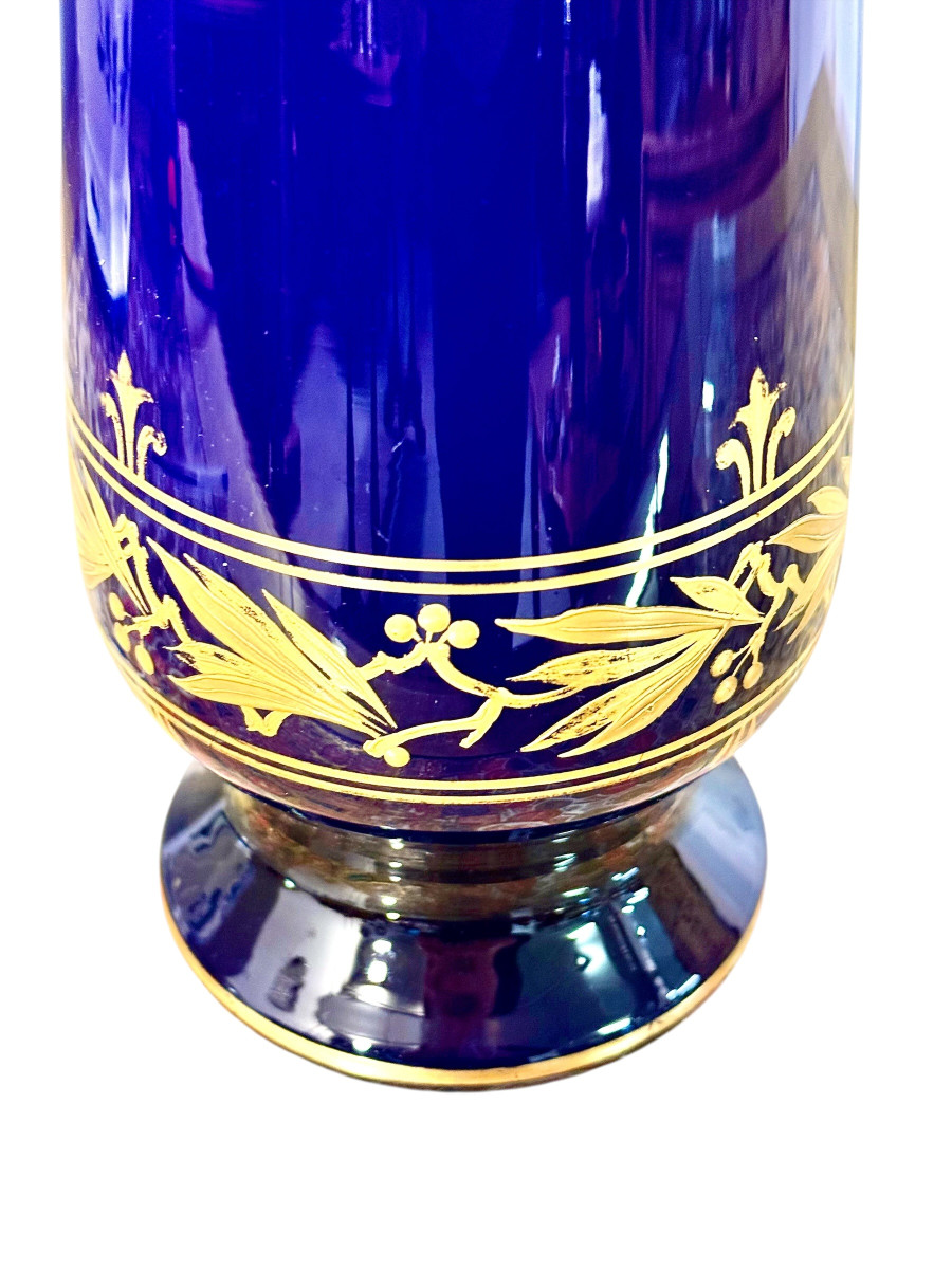 French Cobalt Blue Opaline Glass Vase With Gilt Friezes, Circa 1900-photo-8