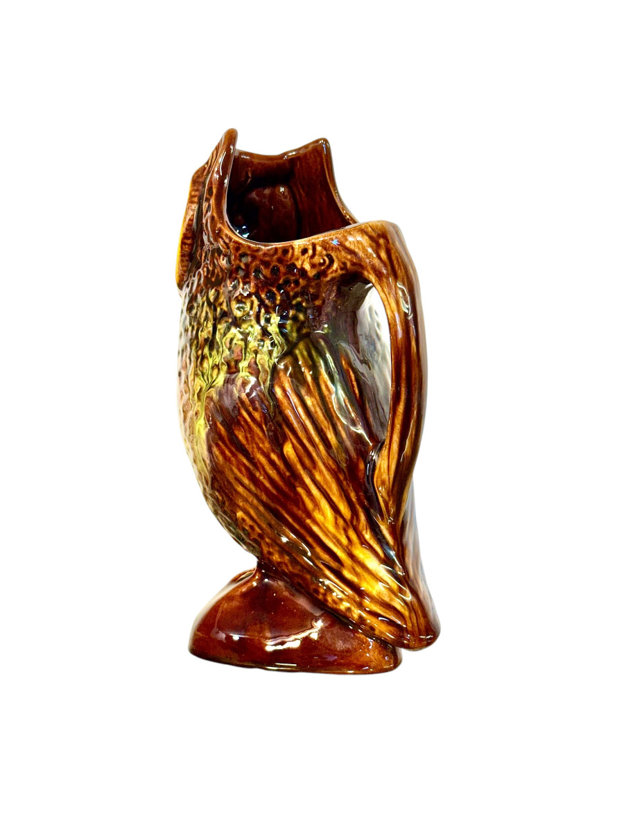 Pichet en céramique en forme de hibou, Barbotine brune émaillée, France, vers 1960-photo-2
