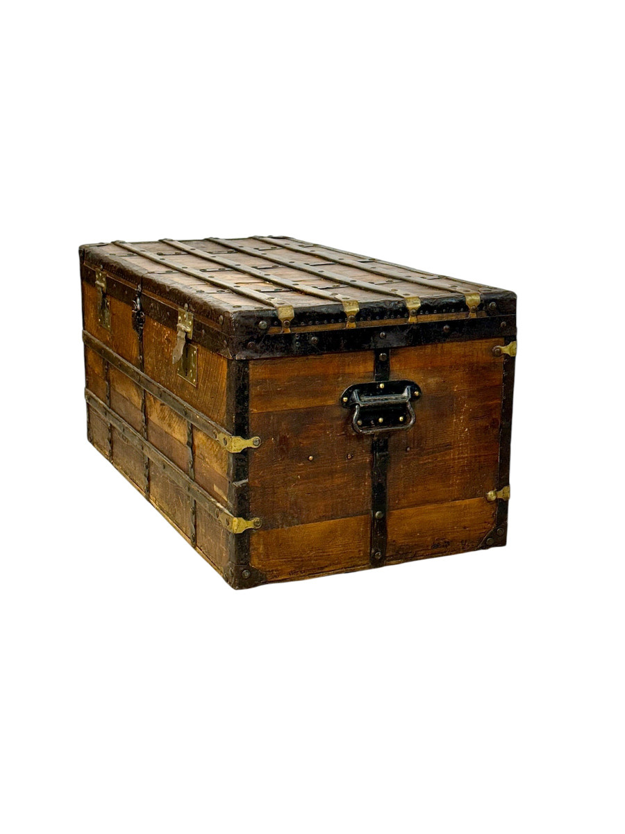 Malle de voyage en bois du XIXe siècle avec sangles en fer -photo-2