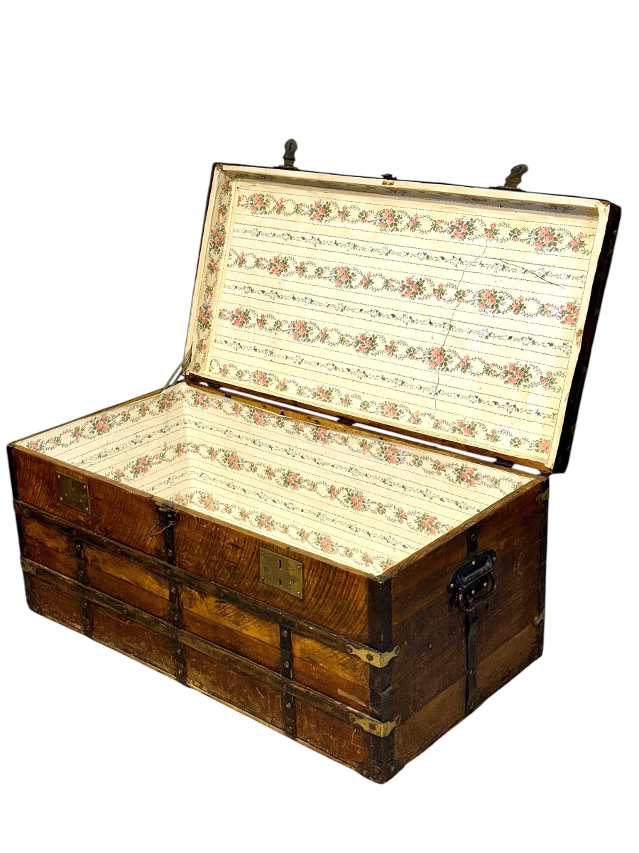 Malle de voyage en bois du XIXe siècle avec sangles en fer -photo-4