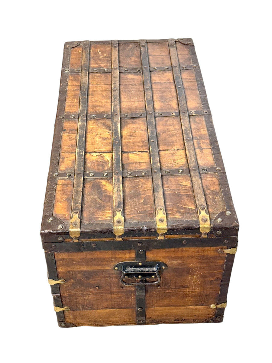Malle de voyage en bois du XIXe siècle avec sangles en fer -photo-4