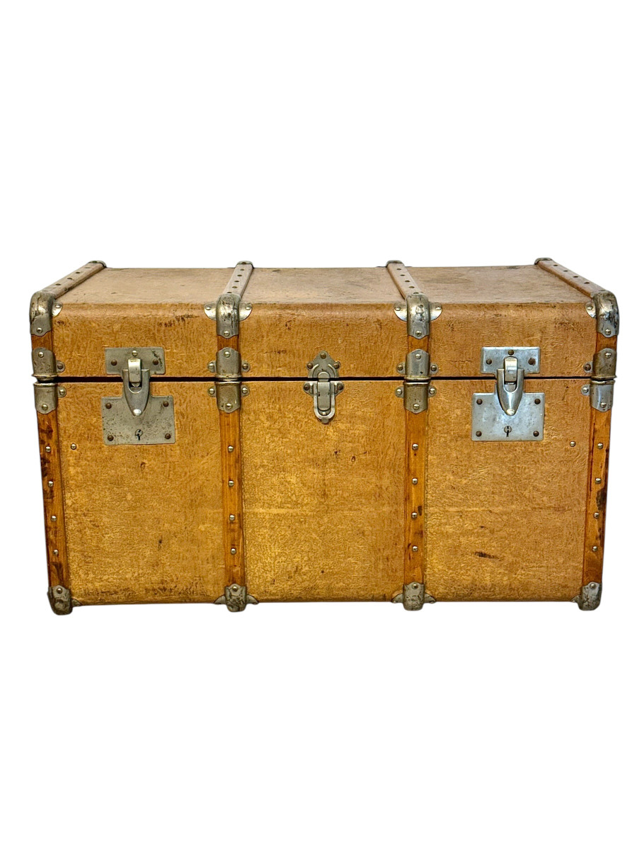 19th Century Wood And Leather Travel Trunk With Velvet Interior