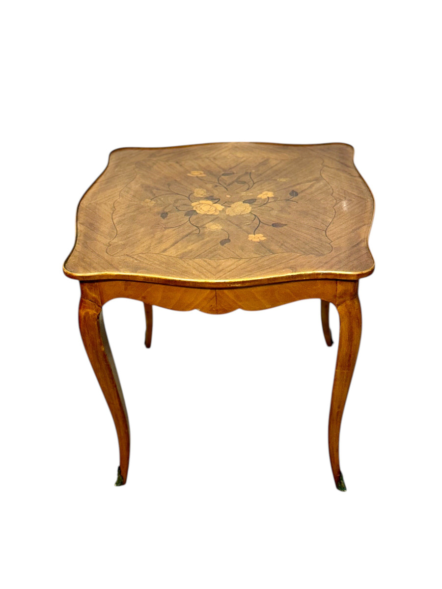 Table basse en marqueterie de noyer français, incrustation florale, milieu du XXe siècle.-photo-8