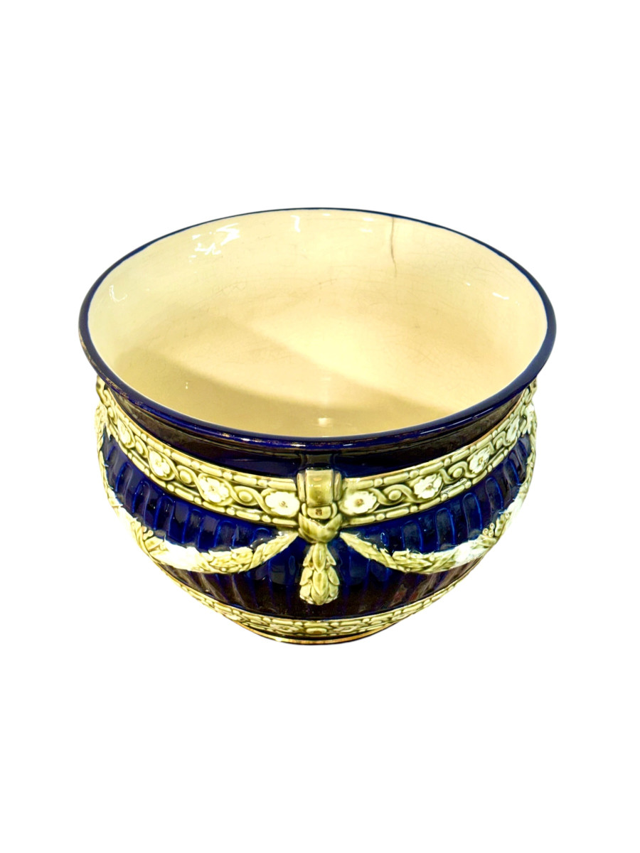 Jardinière en Barbotine, Bleu Cobalt, Napoléon III, XIXème S.-photo-1