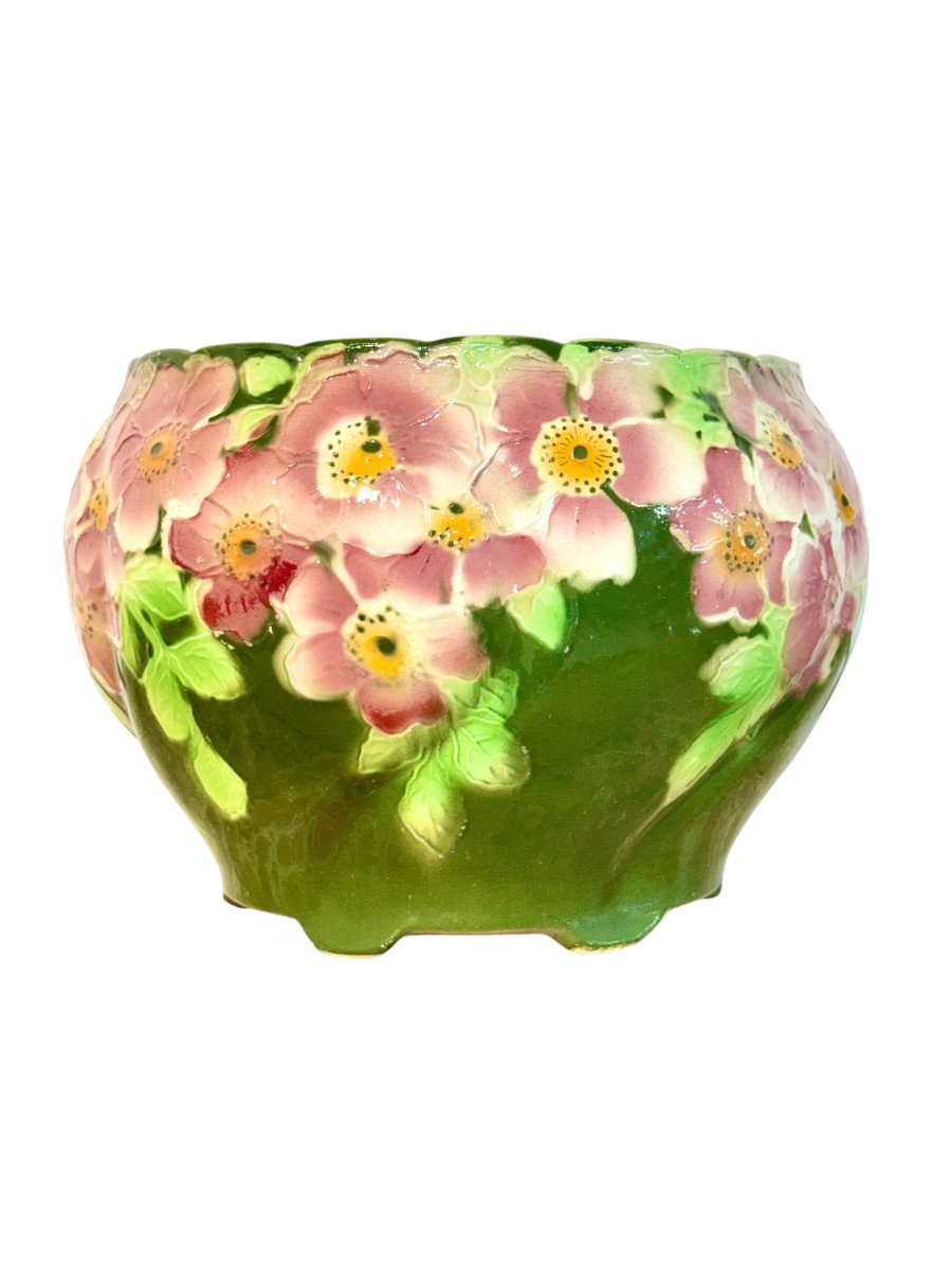 Jardinière Antique en Barbotine de Saint-Clément à Motif Floral Rose et Vert-photo-3