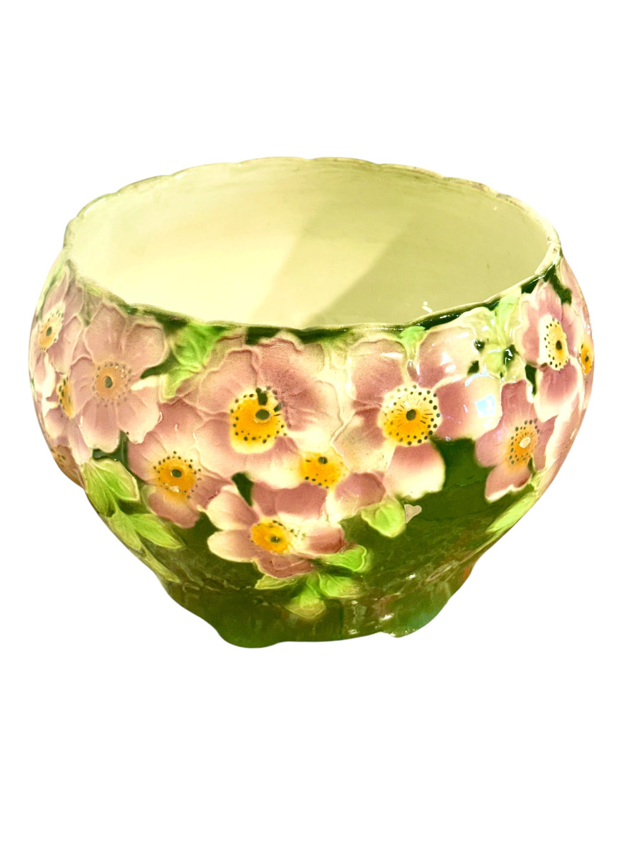 Jardinière Antique en Barbotine de Saint-Clément à Motif Floral Rose et Vert-photo-4