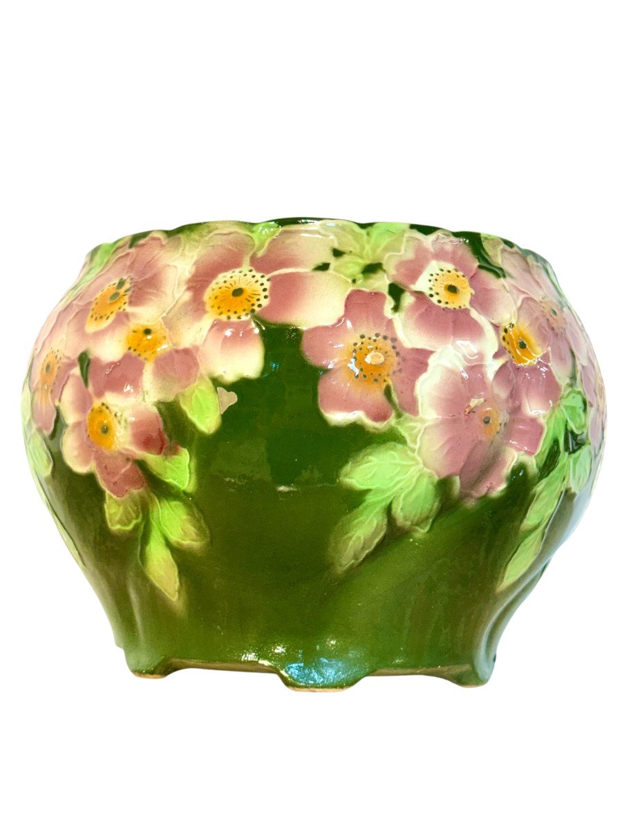 Jardinière Antique en Barbotine de Saint-Clément à Motif Floral Rose et Vert-photo-7
