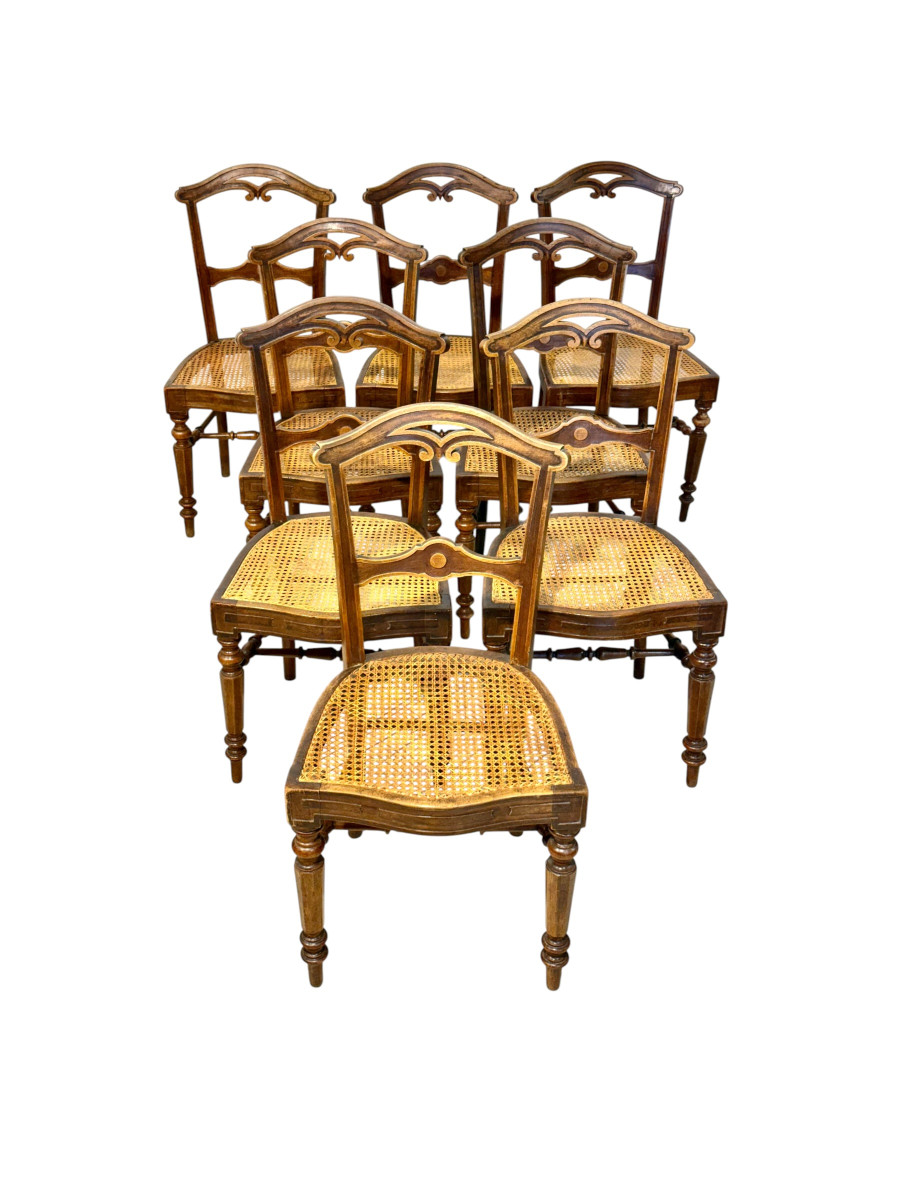 Ensemble de huit chaises françaises en noyer canné, fin du XIXe siècle-photo-7