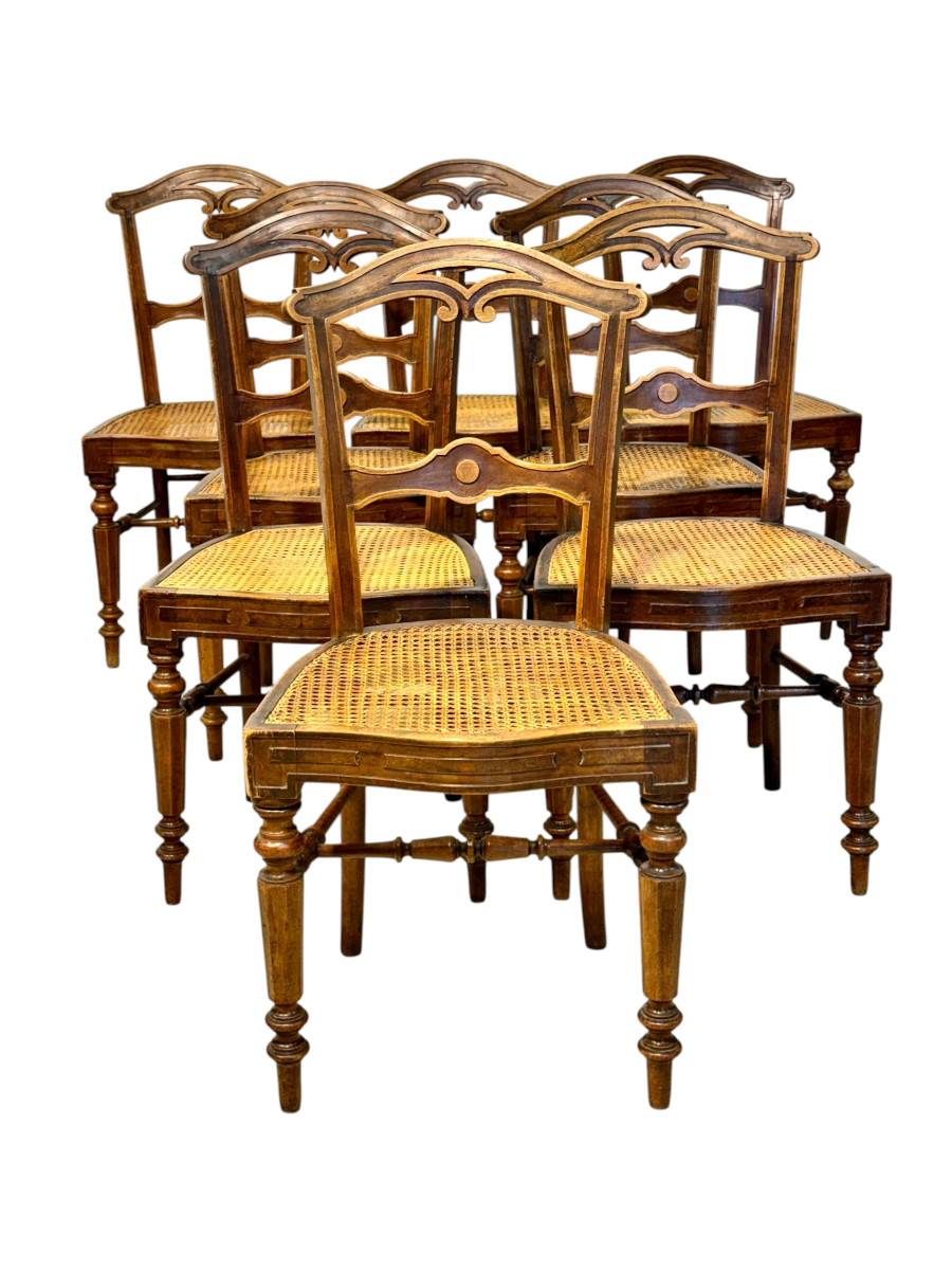 Ensemble de huit chaises françaises en noyer canné, fin du XIXe siècle-photo-8