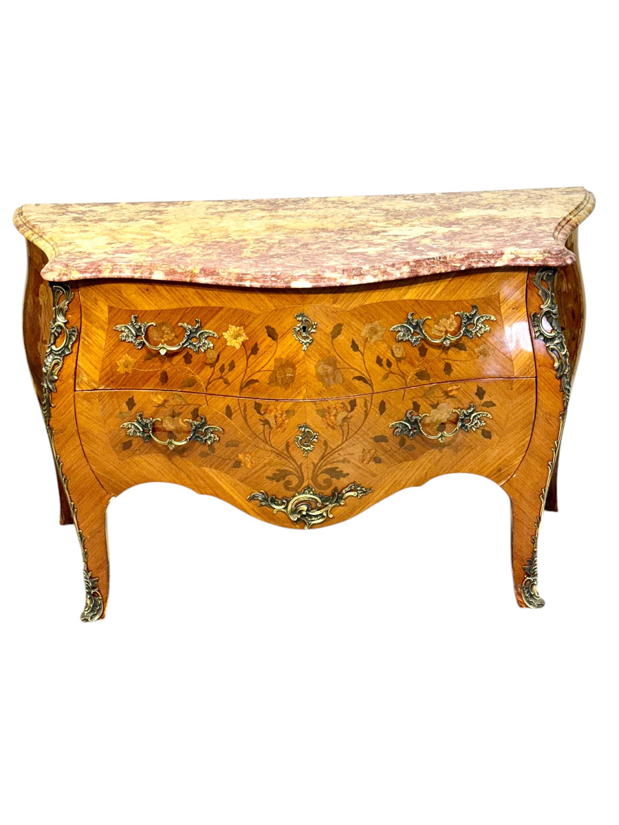 Commode marquetée de style Louis XV avec plateau en marbre, fin du XIXe siècle-photo-2