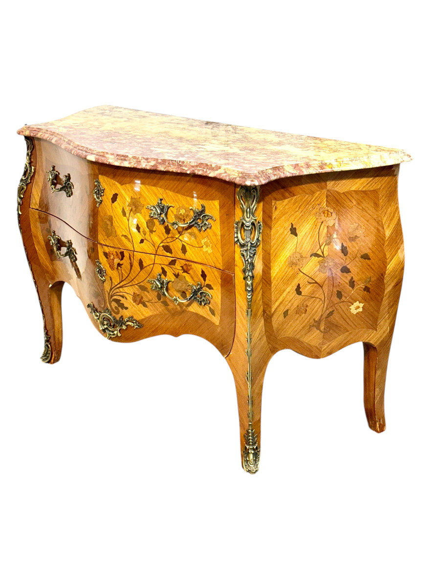 Commode marquetée de style Louis XV avec plateau en marbre, fin du XIXe siècle-photo-3