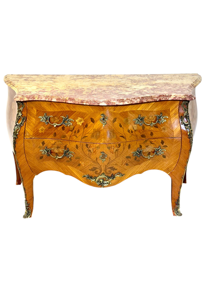 Commode marquetée de style Louis XV avec plateau en marbre, fin du XIXe siècle-photo-3