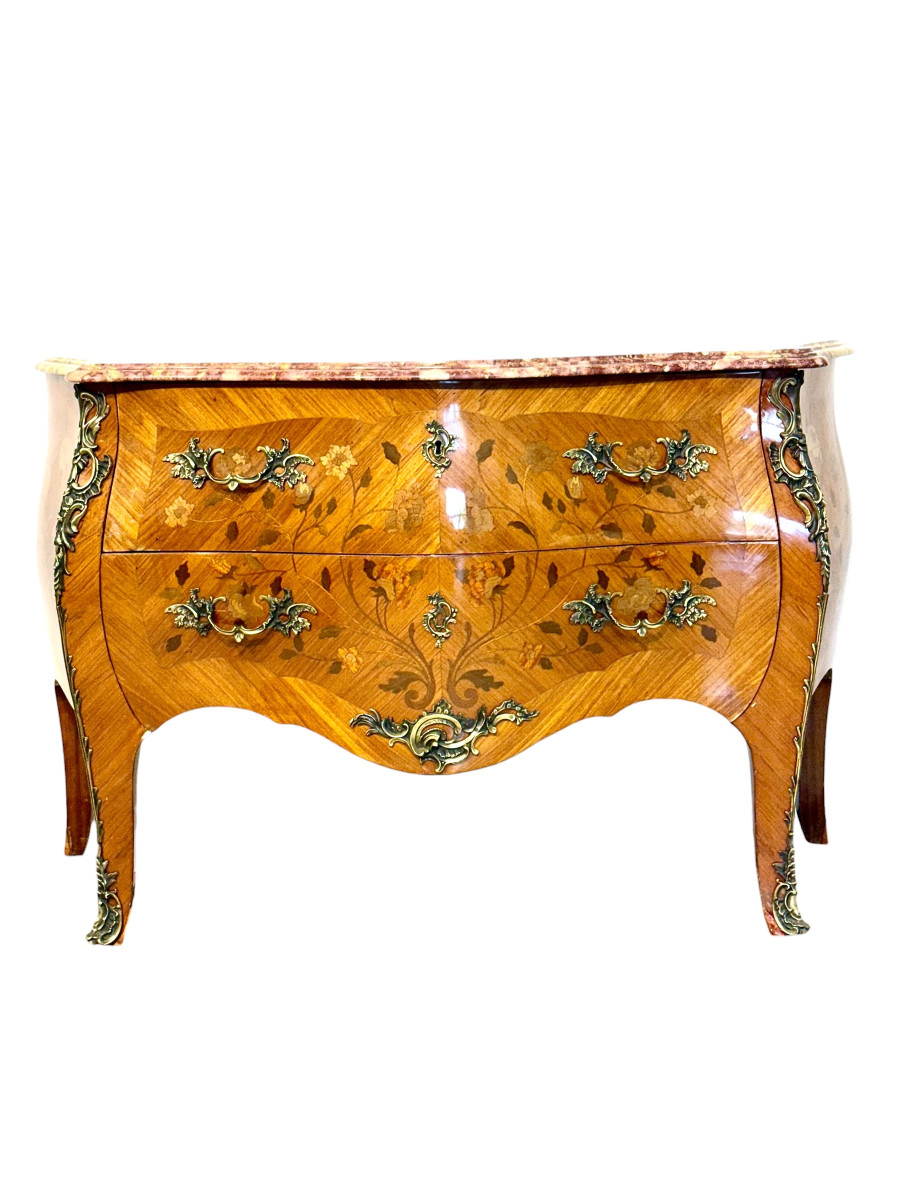 Commode marquetée de style Louis XV avec plateau en marbre, fin du XIXe siècle