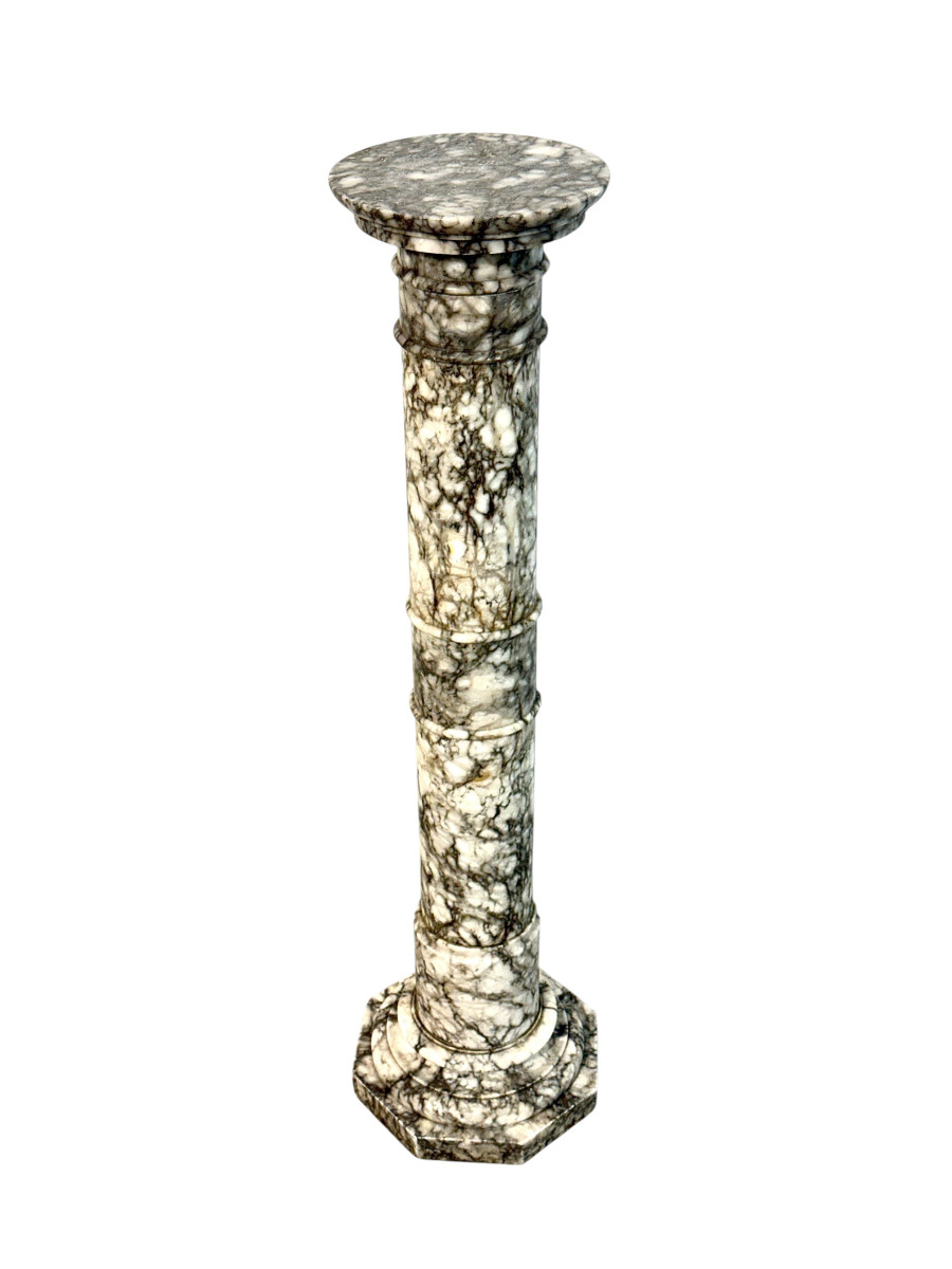 19th Century French Marble Pedestal Column With Grey And White Veining-photo-2