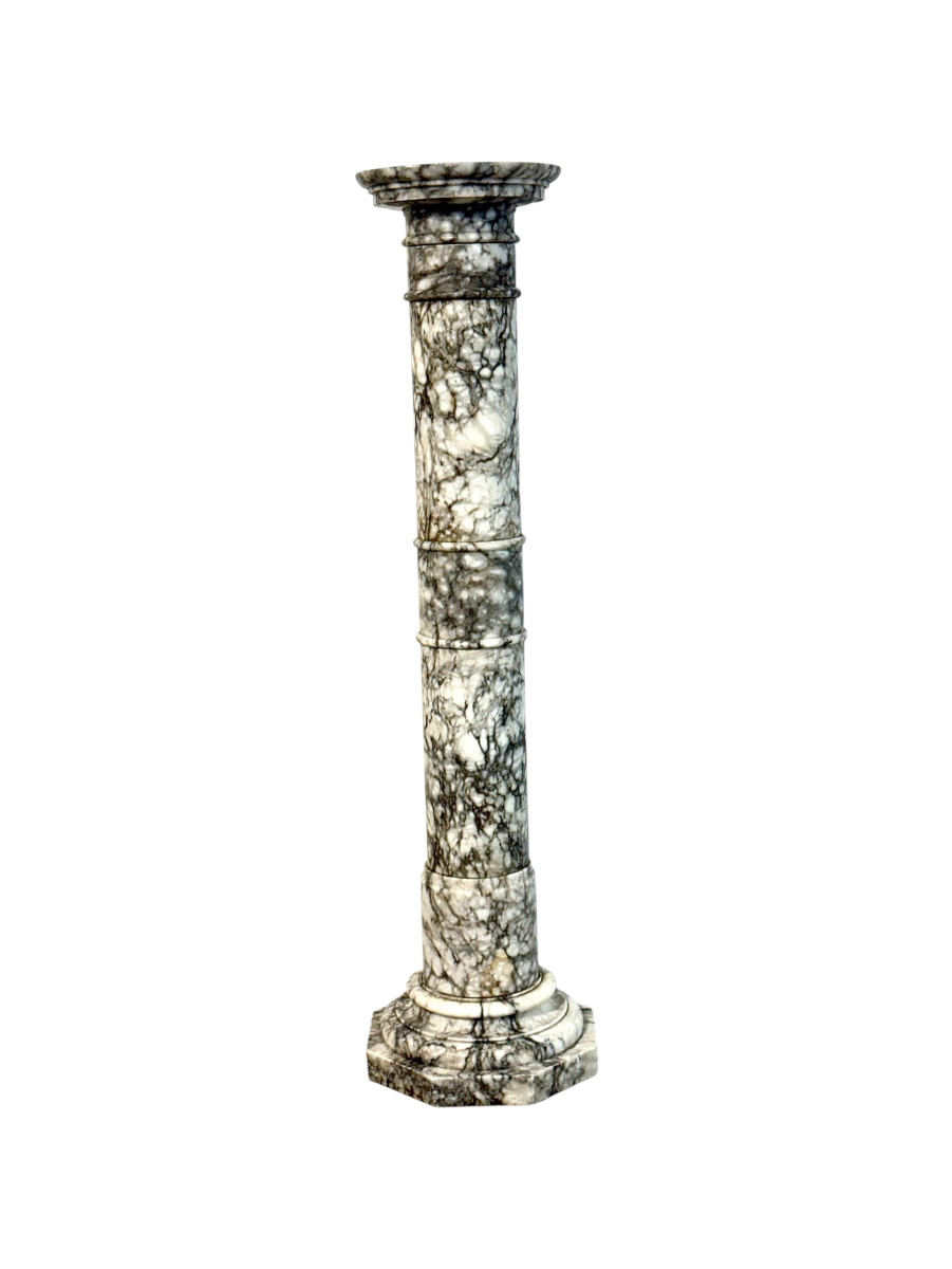19th Century French Marble Pedestal Column With Grey And White Veining
