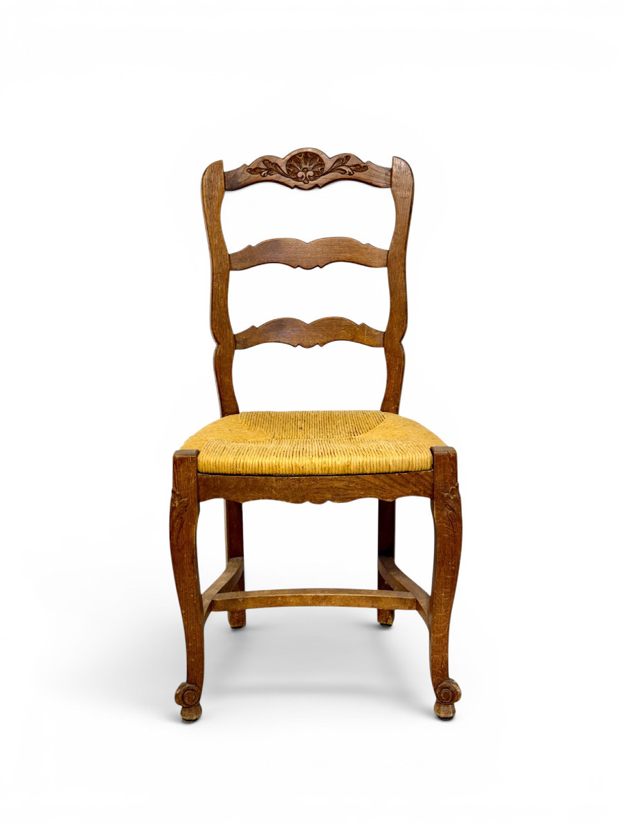 Ensemble de 4 chaises provençales françaises en chêne avec assises en paille, vers 1900-photo-2