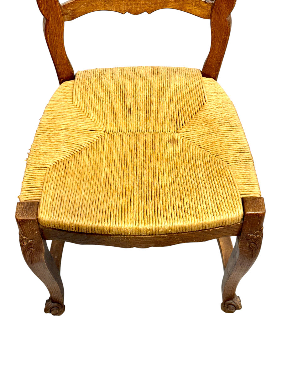 Ensemble de 4 chaises provençales françaises en chêne avec assises en paille, vers 1900-photo-3