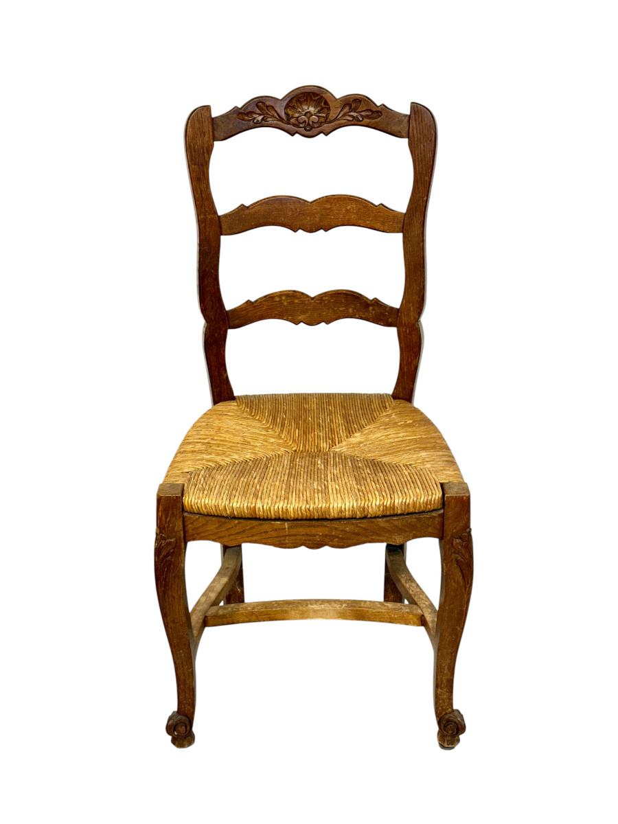 Ensemble de 4 chaises provençales françaises en chêne avec assises en paille, vers 1900-photo-4