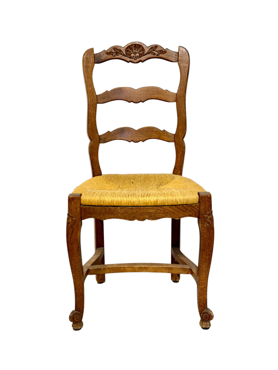 Ensemble de 4 chaises provençales françaises en chêne avec assises en paille, vers 1900-photo-2