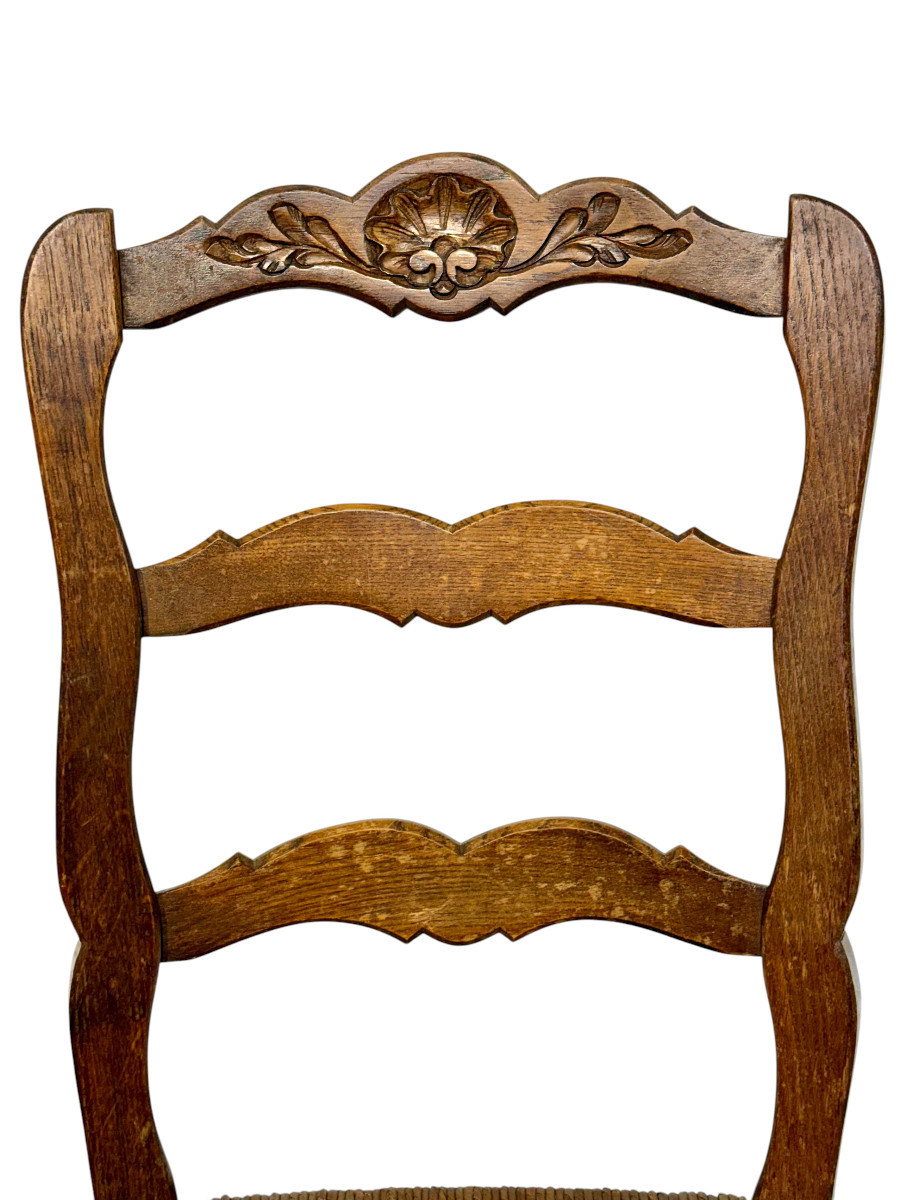 Ensemble de 4 chaises provençales françaises en chêne avec assises en paille, vers 1900-photo-4