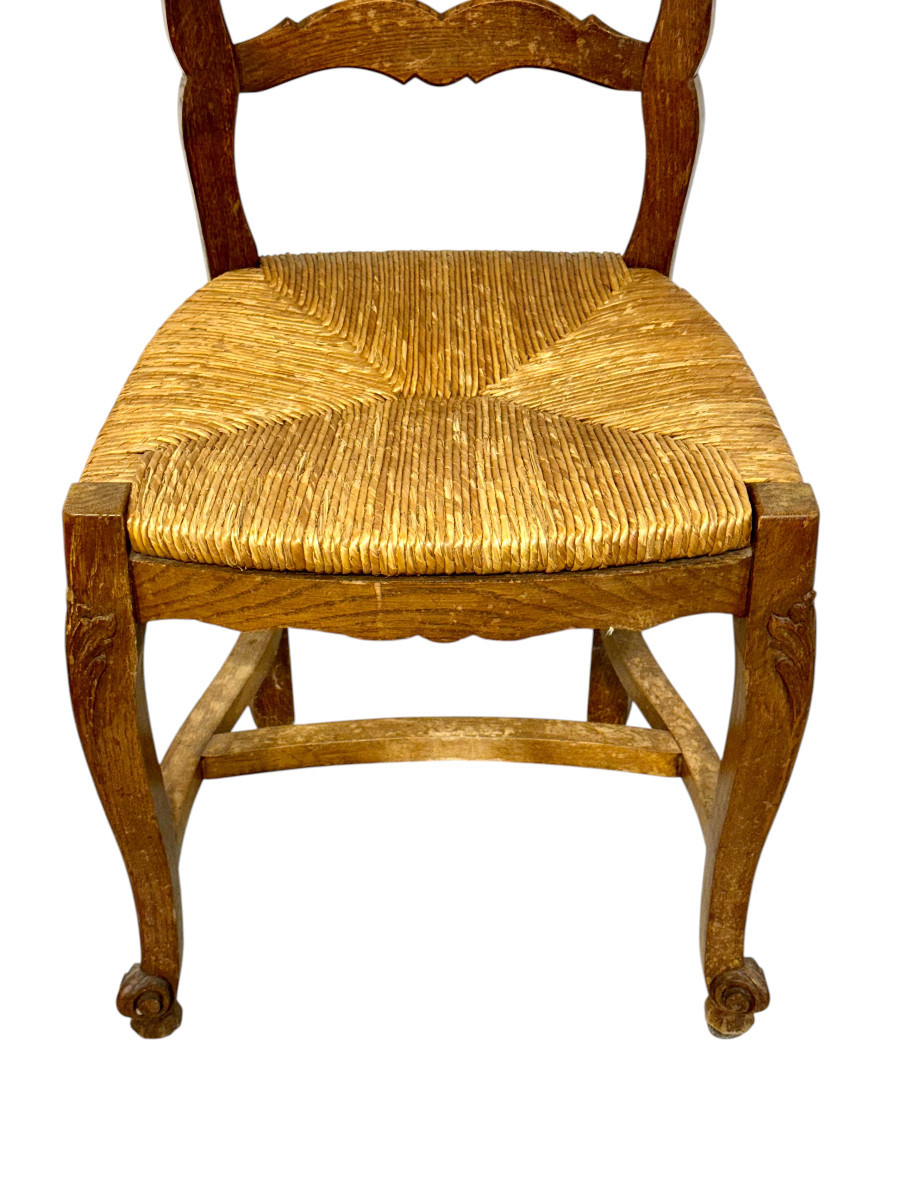Ensemble de 4 chaises provençales françaises en chêne avec assises en paille, vers 1900-photo-6