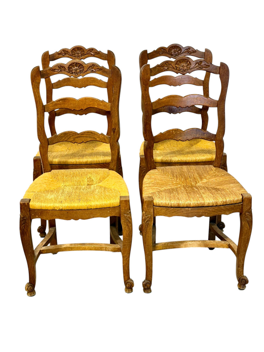 Ensemble de 4 chaises provençales françaises en chêne avec assises en paille, vers 1900-photo-8