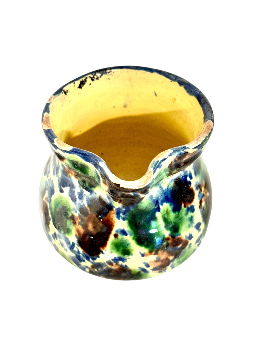 French Rustic Terracotta Pitcher, Hand-painted Glaze, 19th Century -photo-2