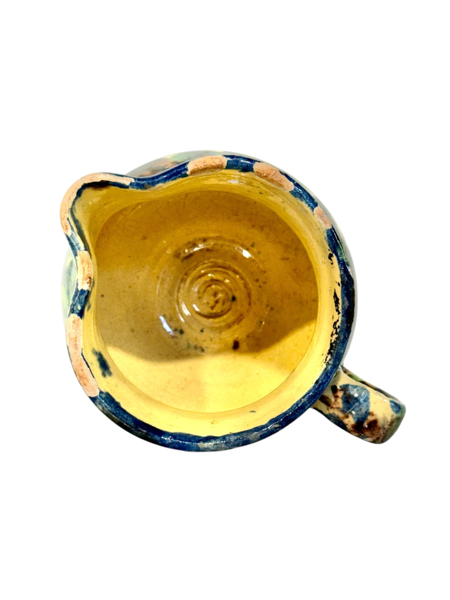 French Rustic Terracotta Pitcher, Hand-painted Glaze, 19th Century -photo-3