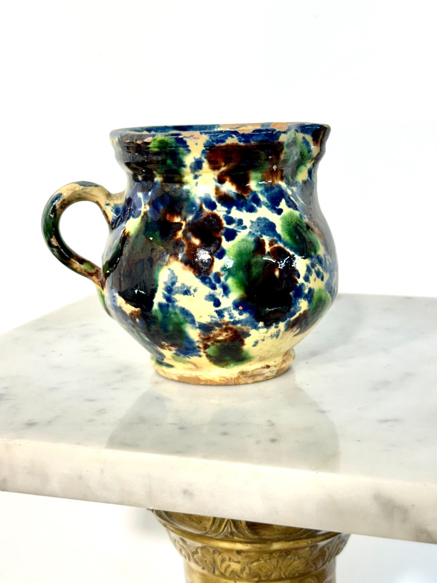 French Rustic Terracotta Pitcher, Hand-painted Glaze, 19th Century -photo-1