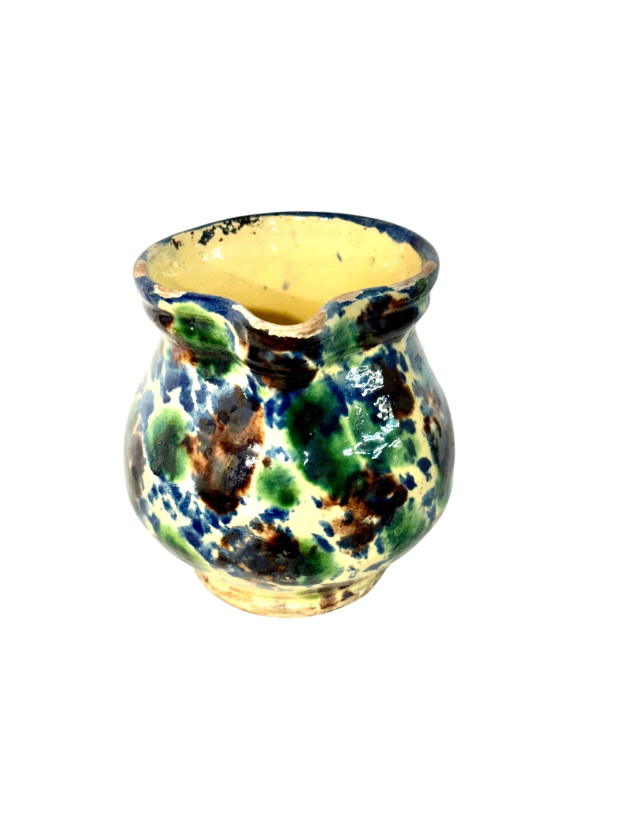 French Rustic Terracotta Pitcher, Hand-painted Glaze, 19th Century -photo-3
