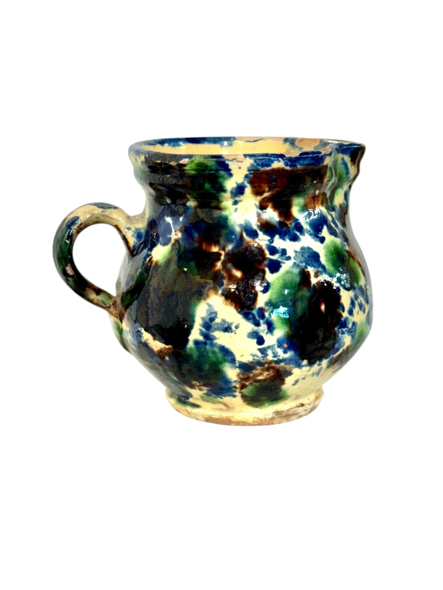 French Rustic Terracotta Pitcher, Hand-painted Glaze, 19th Century -photo-4