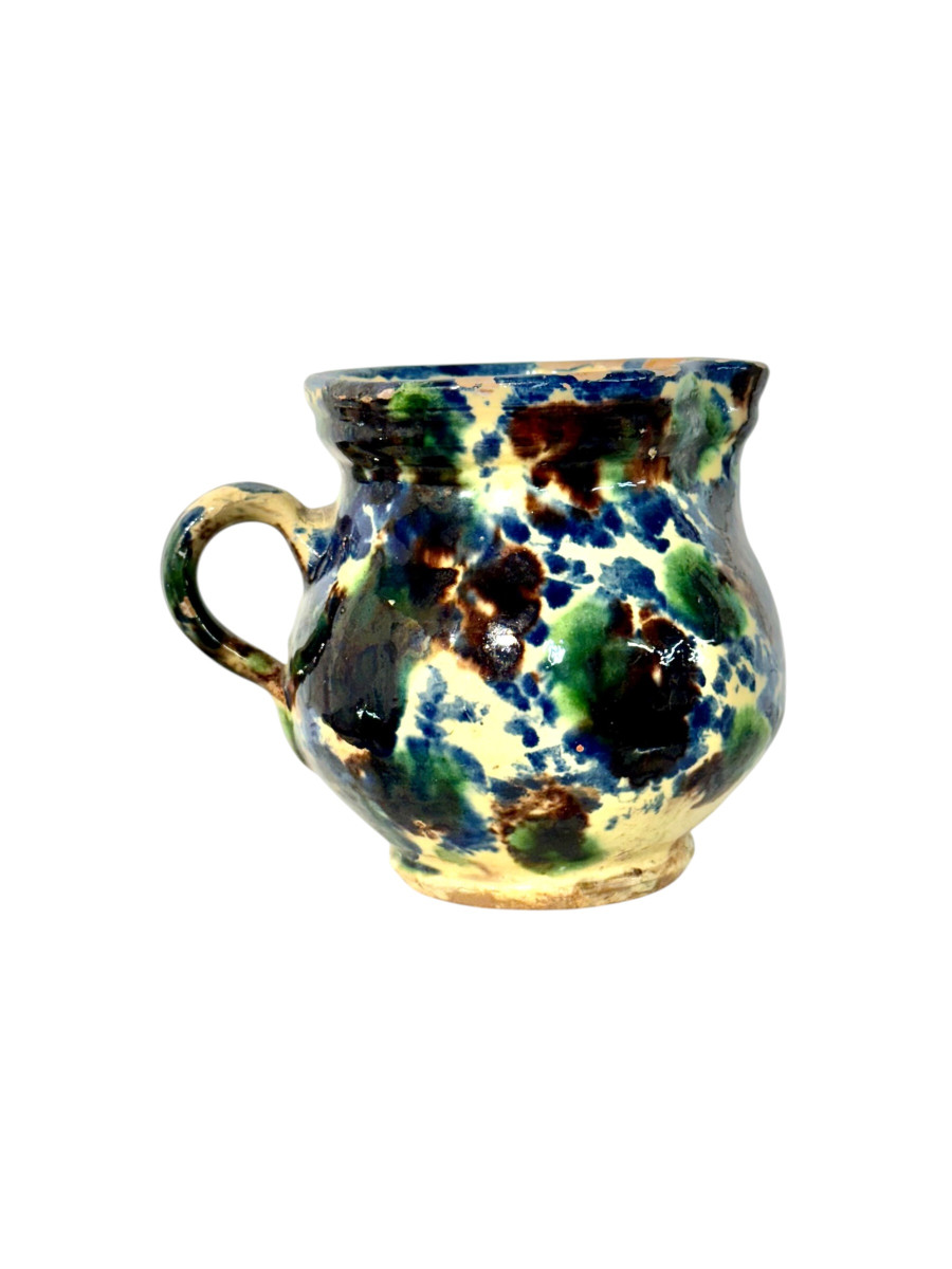 French Rustic Terracotta Pitcher, Hand-painted Glaze, 19th Century -photo-7