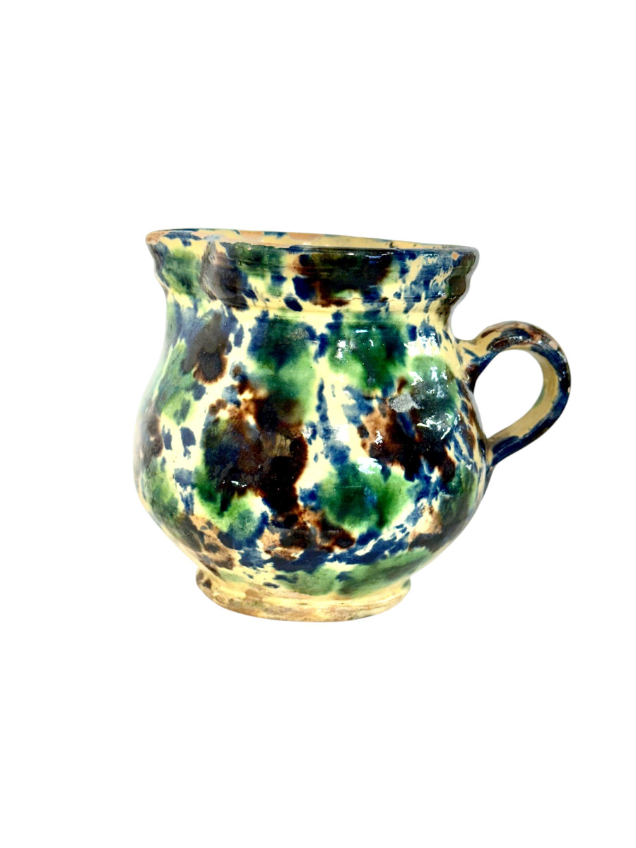 French Rustic Terracotta Pitcher, Hand-painted Glaze, 19th Century 