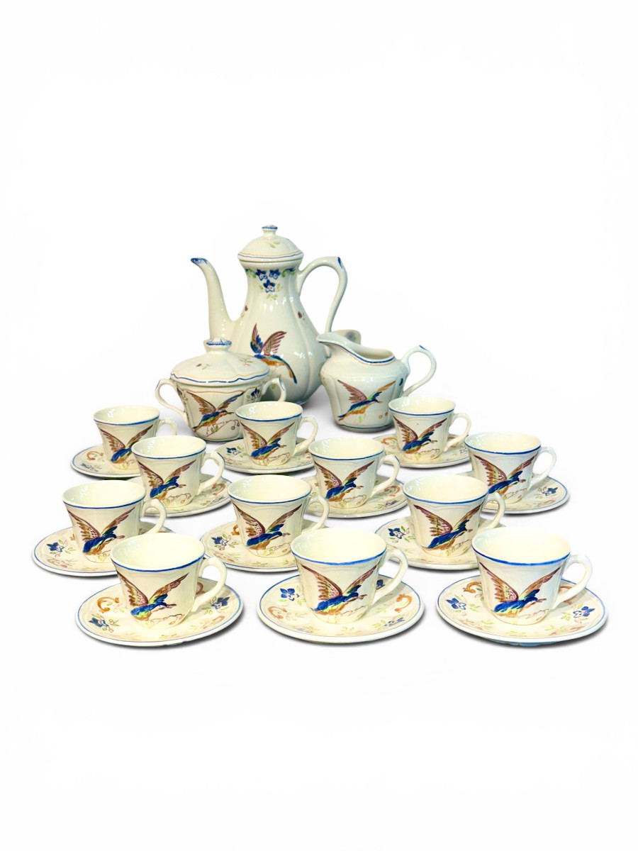 Moustiers " Cléry ", French Faience Hand-painted Tea / Coffee Service, 27 Pieces