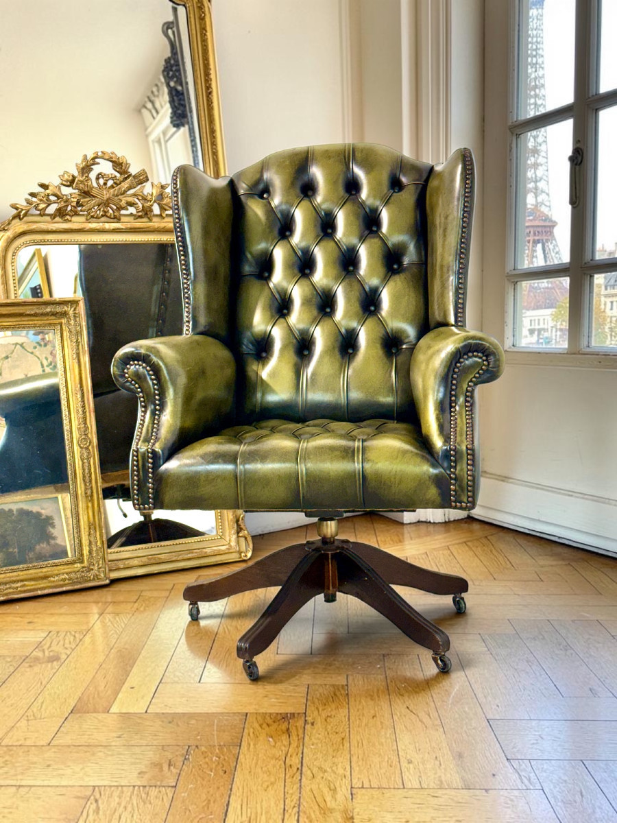 Fauteuil de bureau vintage pivotant en cuir vert olive style Chesterfield-photo-2