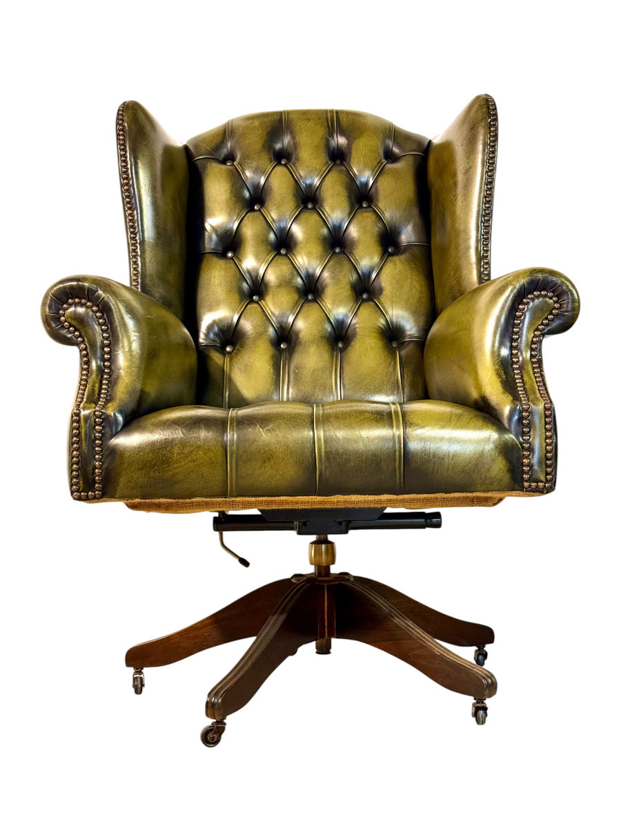 Fauteuil de bureau vintage pivotant en cuir vert olive style Chesterfield-photo-4