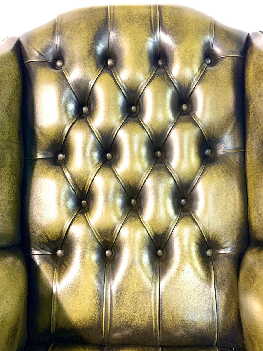 Fauteuil de bureau vintage pivotant en cuir vert olive style Chesterfield-photo-3