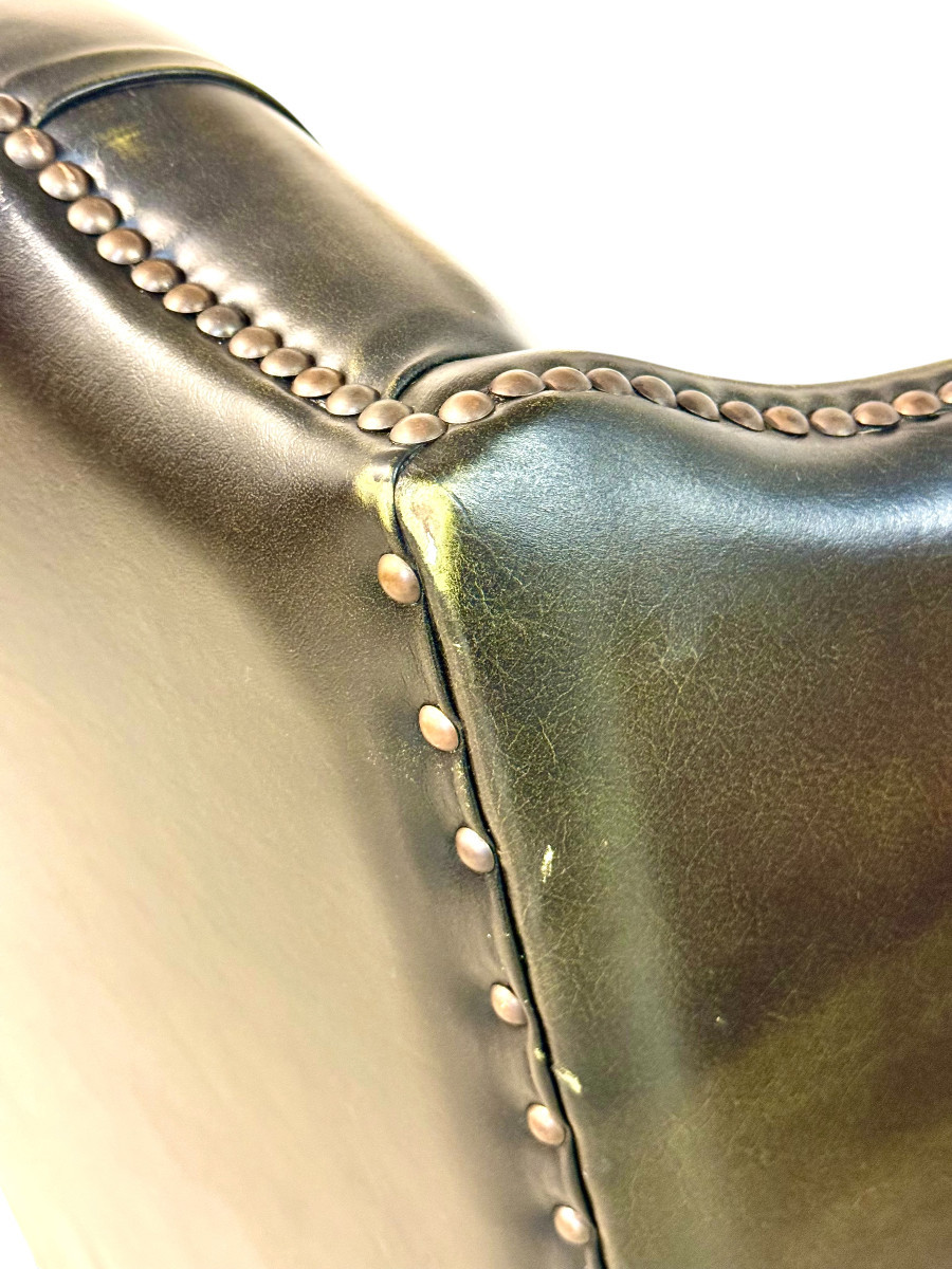 Fauteuil de bureau vintage pivotant en cuir vert olive style Chesterfield-photo-8