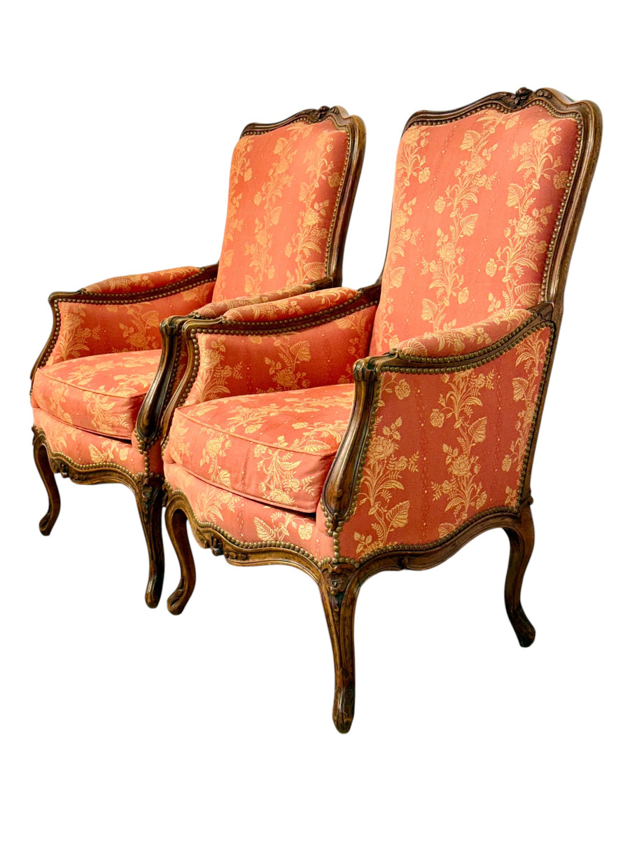 Paire de fauteuils bergères en noyer de style Louis XV, XIXe siècle-photo-3