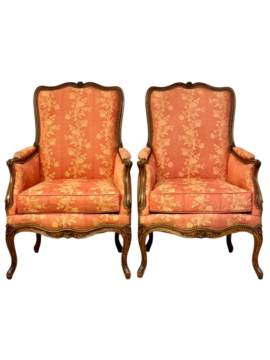 Paire de fauteuils bergères en noyer de style Louis XV, XIXe siècle