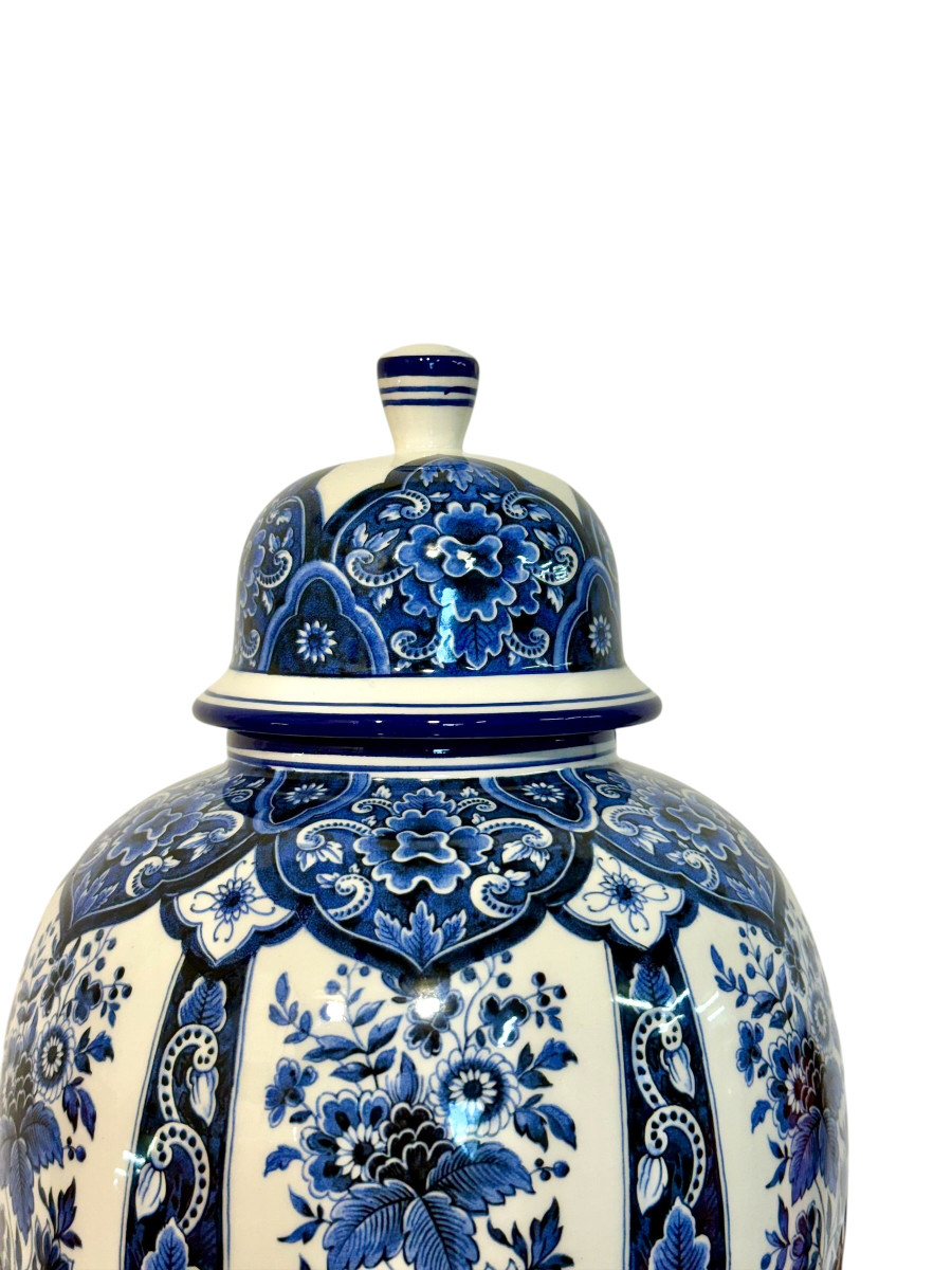 Grand vase couvert ou pot à gingembre en faïence de Delft blanche et bleue, XXe siècle-photo-2